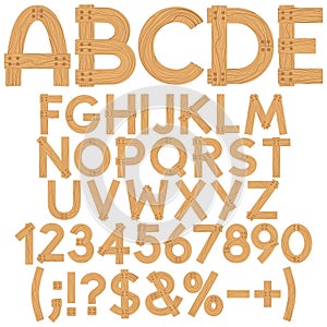 Font, alphabet, letters, numbers and signs from wooden boards. Isolated vector objects.